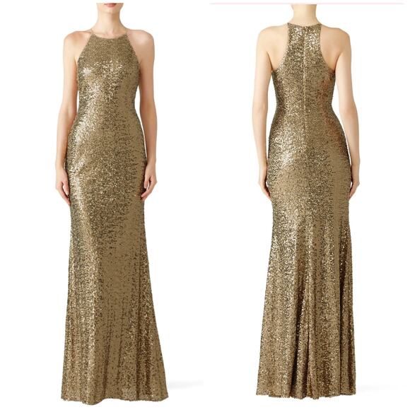 Badgley Mischka Collection Gold Sequin Halter Gown Maxi Dress size 2 -  www.benaras.co
